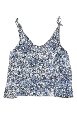 Blue silk granite print cropped swing-style camisole with adjustable ribbon tie straps