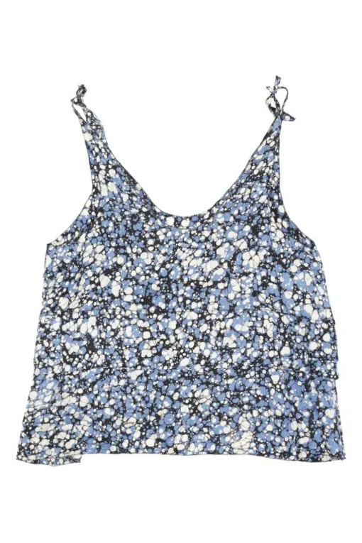 Blue silk granite print cropped swing-style camisole with adjustable ribbon tie straps