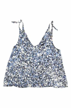 Blue silk granite print cropped swing-style camisole with adjustable ribbon tie straps