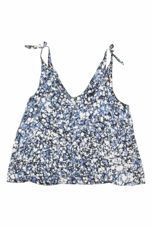Blue silk granite print cropped swing-style camisole with adjustable ribbon tie straps