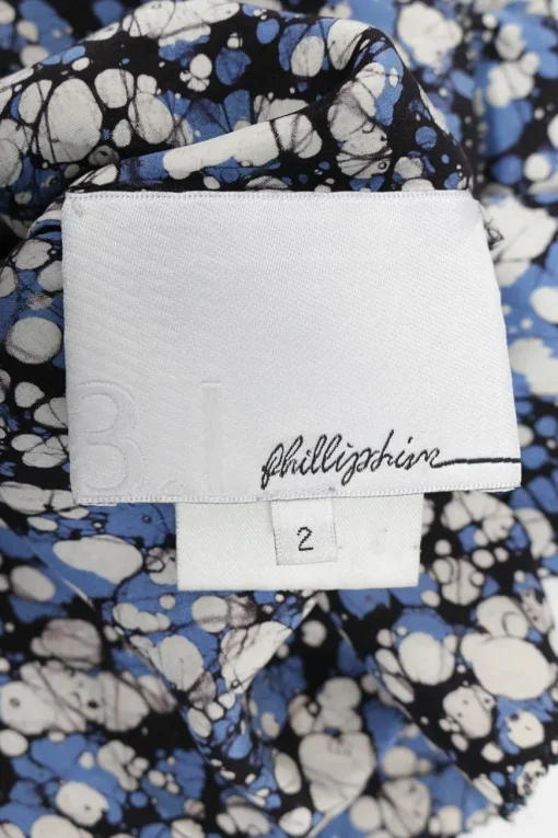 Blue silk granite print cropped swing-style camisole with adjustable ribbon tie straps