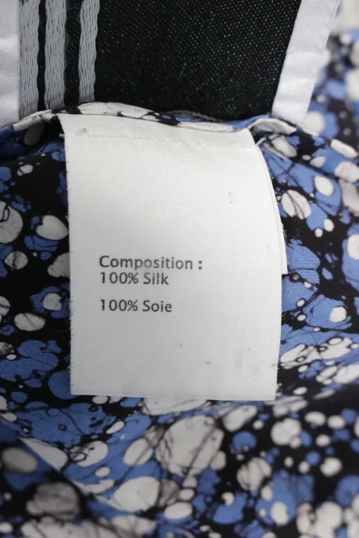Blue silk granite print cropped swing-style camisole with adjustable ribbon tie straps