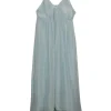 Blue silk metallic striped slip dress with high-low hem, smocked back, and adjustable spaghetti straps