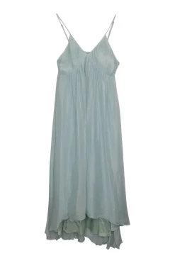 Blue silk metallic striped slip dress with high-low hem, smocked back, and adjustable spaghetti straps