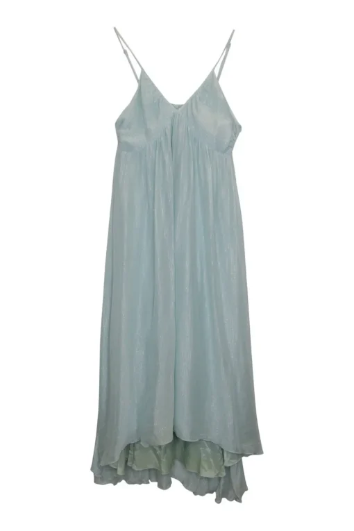 Blue silk metallic striped slip dress with high-low hem, smocked back, and adjustable spaghetti straps