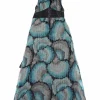 Blue silk metallic stripe floral jacquard Grecian neck maxi dress with contrast neck and waist tie