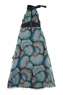 Blue silk metallic stripe floral jacquard Grecian neck maxi dress with contrast neck and waist tie