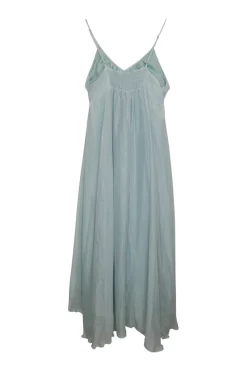 Blue silk metallic striped slip dress with high-low hem, smocked back, and adjustable spaghetti straps