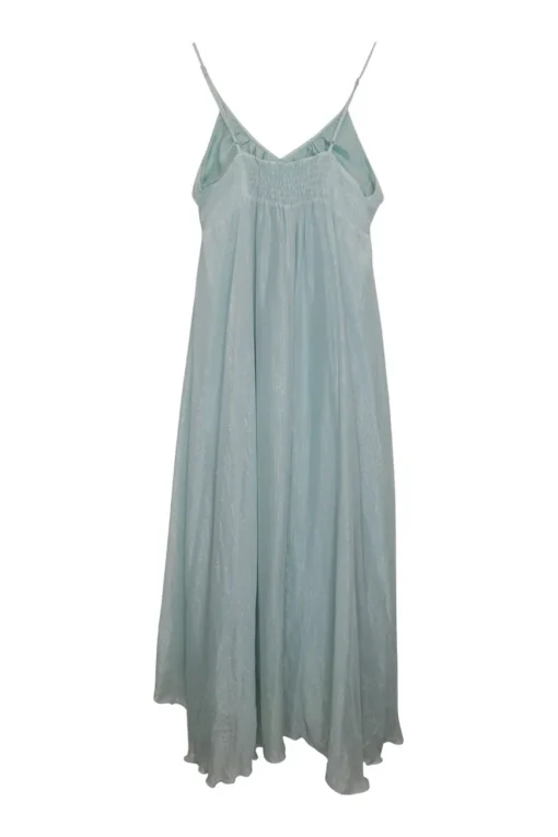Blue silk metallic striped slip dress with high-low hem, smocked back, and adjustable spaghetti straps
