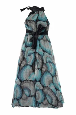 Blue silk metallic stripe floral jacquard Grecian neck maxi dress with contrast neck and waist tie