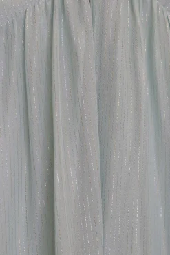 Blue silk metallic striped slip dress with high-low hem, smocked back, and adjustable spaghetti straps