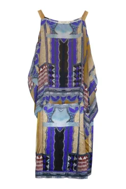 Blue silk-blend abstract print pullover cold-shoulder kaftan shift dress
