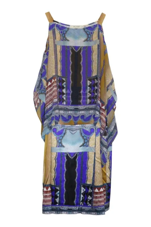 Blue silk-blend abstract print pullover cold-shoulder kaftan shift dress