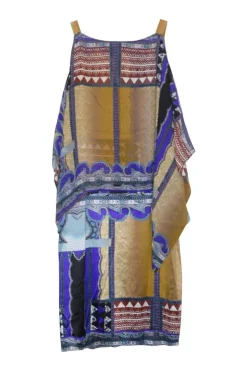 Blue silk-blend abstract print pullover cold-shoulder kaftan shift dress