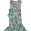 Blue silk-blend floral print ruffled godet midi dress with bow-embellished straps
