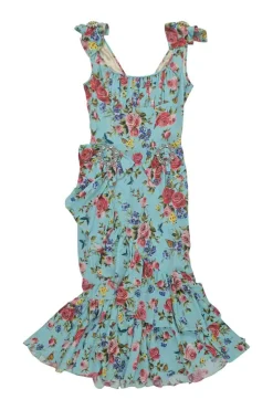 Blue silk-blend floral print ruffled godet midi dress with bow-embellished straps