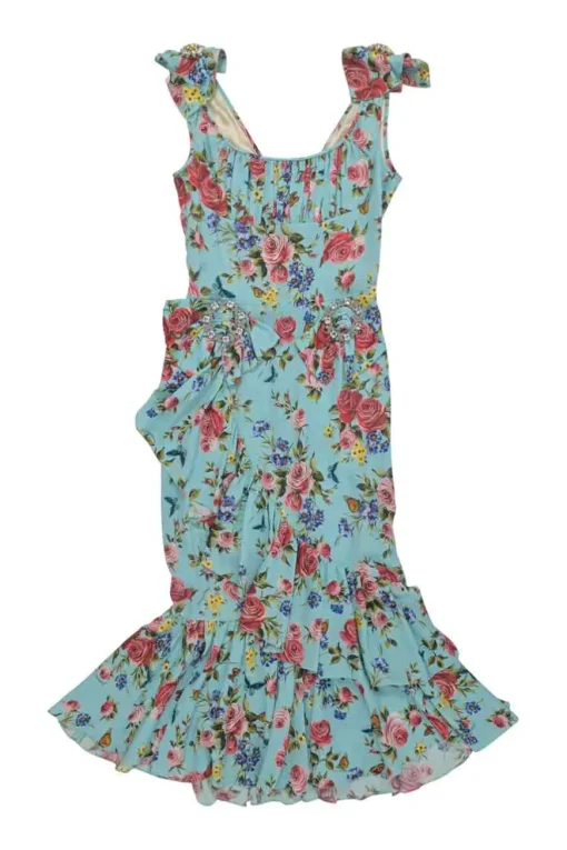 Blue silk-blend floral print ruffled godet midi dress with bow-embellished straps