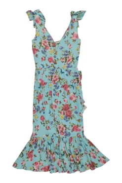 Blue silk-blend floral print ruffled godet midi dress with bow-embellished straps