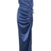 Blue silk-blend Natasha maxi dress with thigh-high slit and cowl neckline