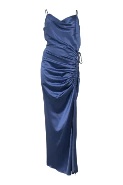 Blue silk-blend Natasha maxi dress with thigh-high slit and cowl neckline