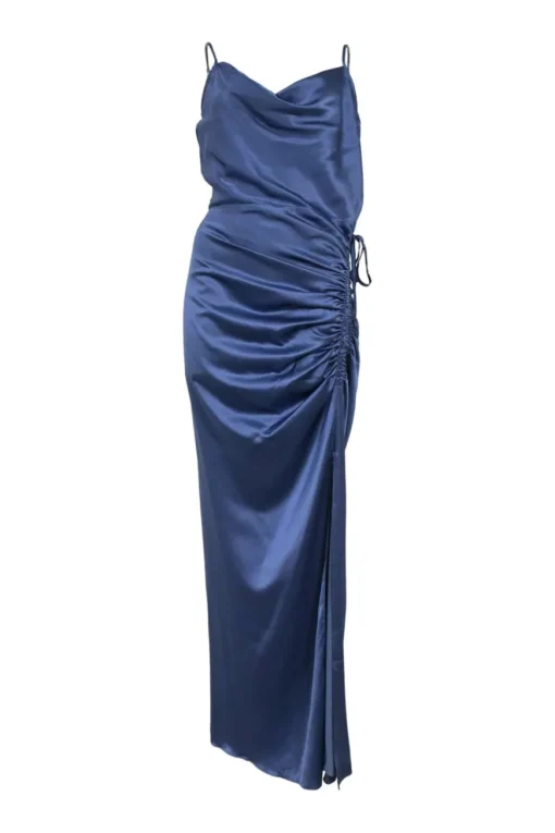 Blue silk-blend Natasha maxi dress with thigh-high slit and cowl neckline