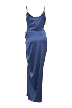 Blue silk-blend Natasha maxi dress with thigh-high slit and cowl neckline