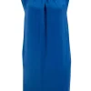 Blue sleeveless shift dress with beads embellishment at collar