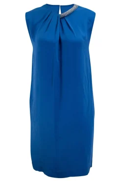 Blue sleeveless shift dress with beads embellishment at collar