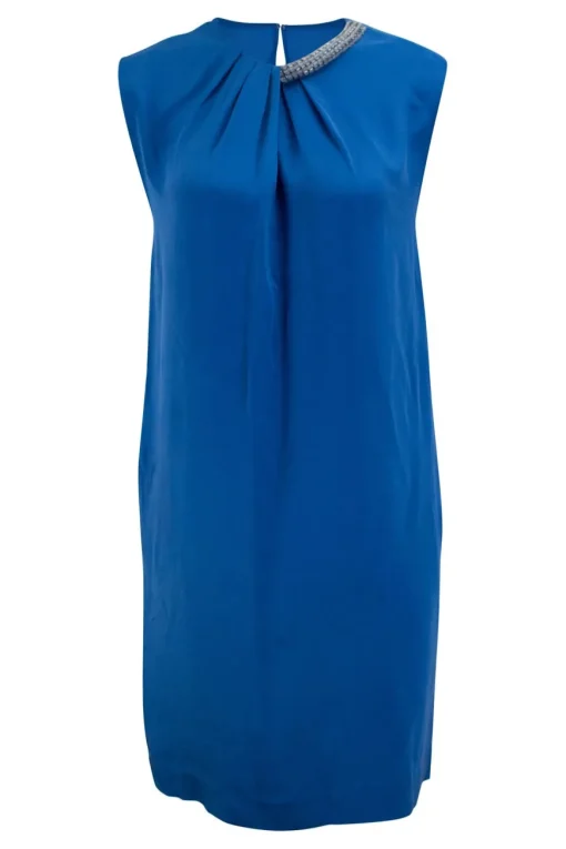 Blue sleeveless shift dress with beads embellishment at collar