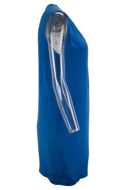 Blue sleeveless shift dress with beads embellishment at collar