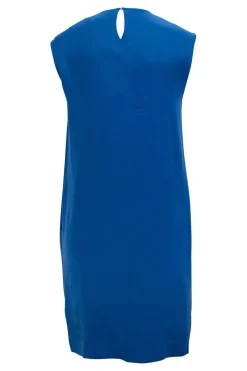 Blue sleeveless shift dress with beads embellishment at collar
