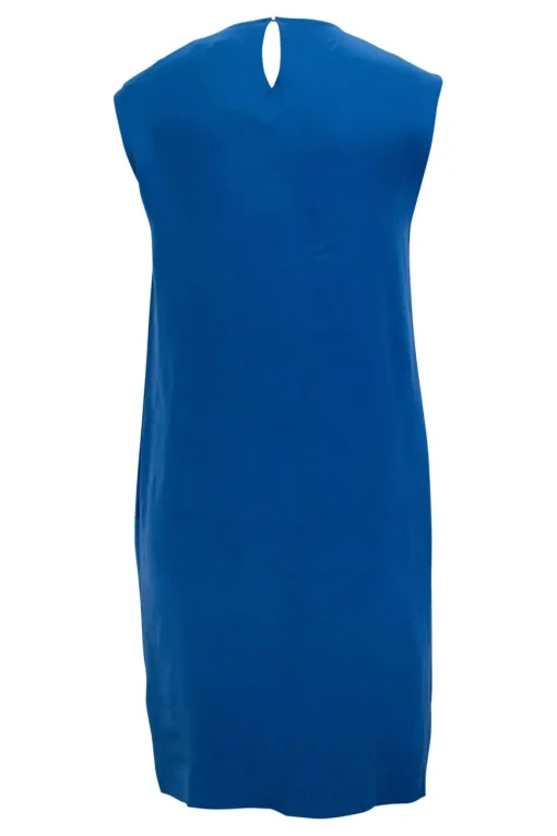 Blue sleeveless shift dress with beads embellishment at collar
