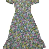 Blue smocked cotton floral print puff sleeve A-line tiered midi dress with ruffle hem