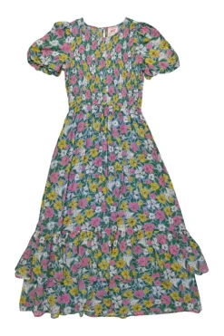 Blue smocked cotton floral print puff sleeve A-line tiered midi dress with ruffle hem
