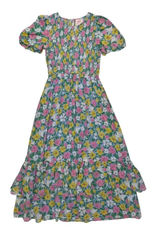 Blue smocked cotton floral print puff sleeve A-line tiered midi dress with ruffle hem