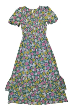 Blue smocked cotton floral print puff sleeve A-line tiered midi dress with ruffle hem