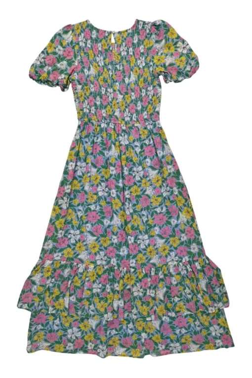 Blue smocked cotton floral print puff sleeve A-line tiered midi dress with ruffle hem