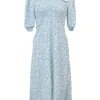 Blue smocked rayon floral print halter neck puff sleeve midi dress
