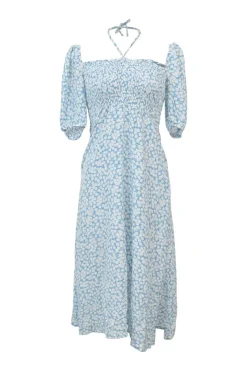 Blue smocked rayon floral print halter neck puff sleeve midi dress
