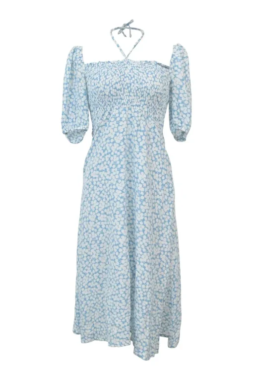 Blue smocked rayon floral print halter neck puff sleeve midi dress