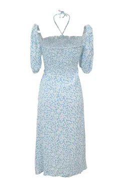 Blue smocked rayon floral print halter neck puff sleeve midi dress