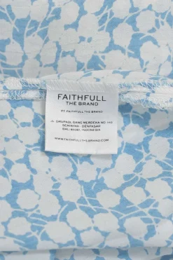 Blue smocked rayon floral print halter neck puff sleeve midi dress