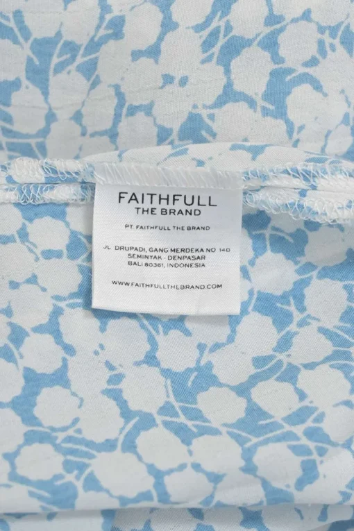 Blue smocked rayon floral print halter neck puff sleeve midi dress