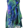 Blue smocked silk abstract digi-print slip dress with asymmetric lettuce hem