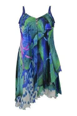 Blue smocked silk abstract digi-print slip dress with asymmetric lettuce hem
