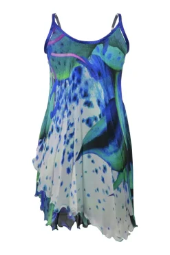 Blue smocked silk abstract digi-print slip dress with asymmetric lettuce hem