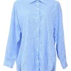 Blue strass-embellished striped cotton poplin spread collar button-front shirt