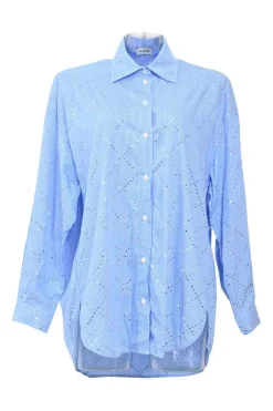 Blue strass-embellished striped cotton poplin spread collar button-front shirt