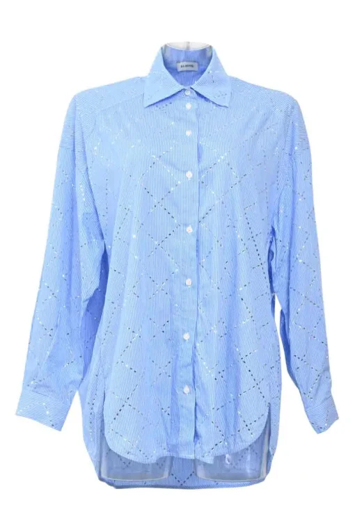 Blue strass-embellished striped cotton poplin spread collar button-front shirt