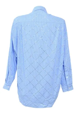 Blue strass-embellished striped cotton poplin spread collar button-front shirt